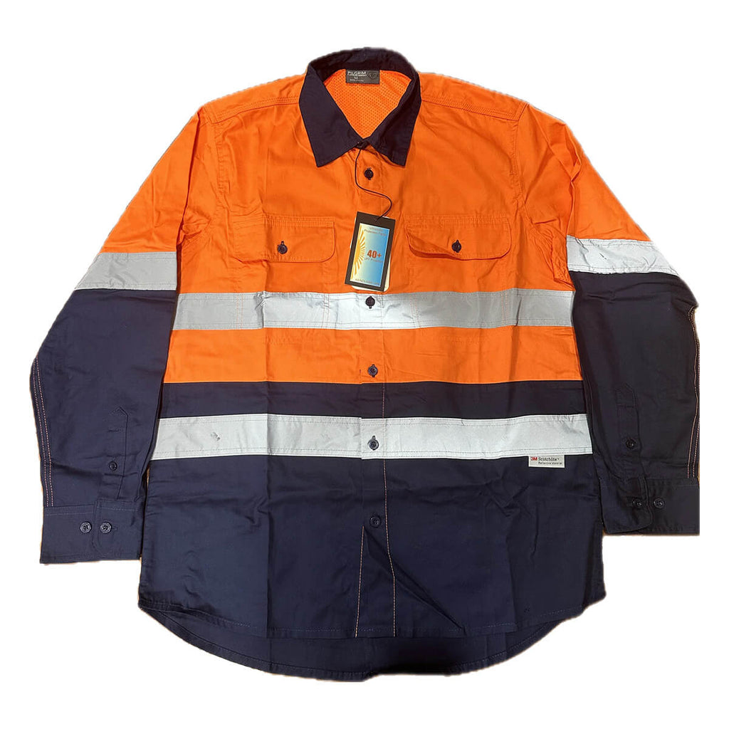 Pilgrim 4625 Mens Hi-Vis Full Button Taped Work Shirt Orange Navy