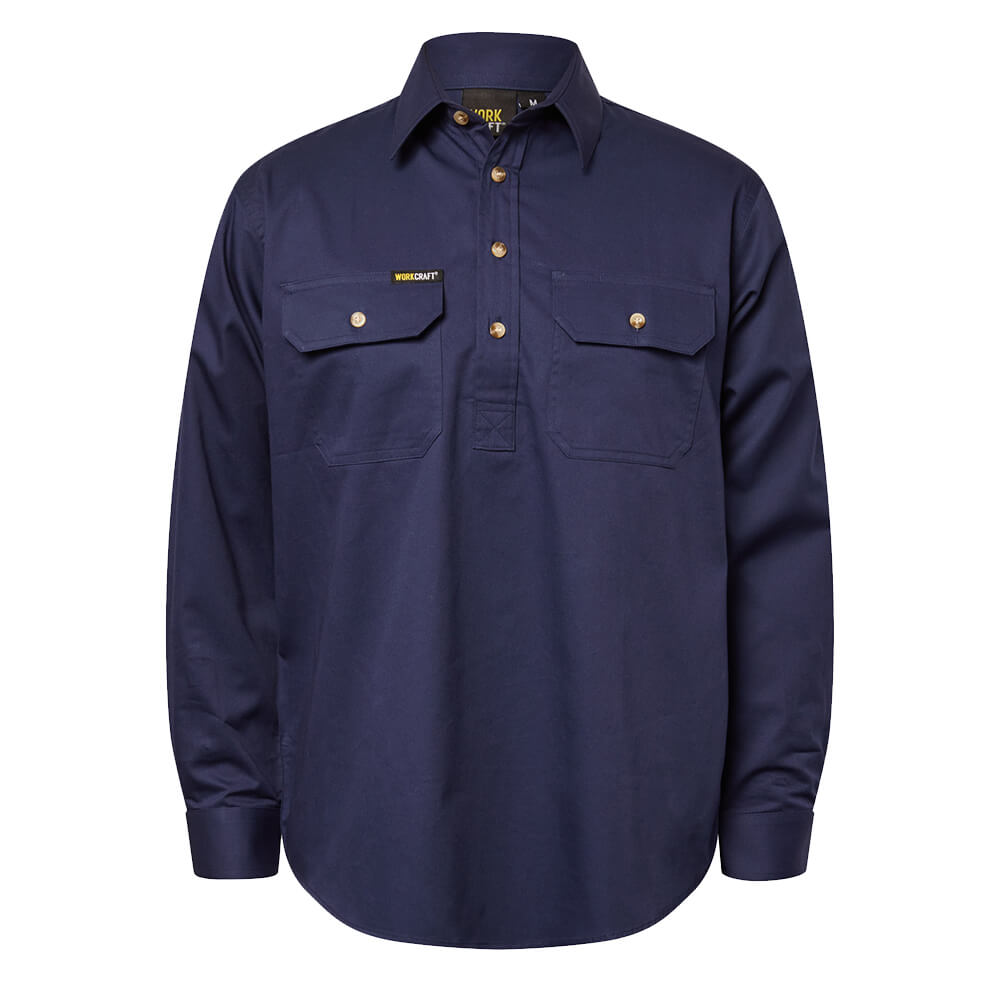 WorkCraft WS3029 Half Placket Shirt Long Sleeve Navy Front