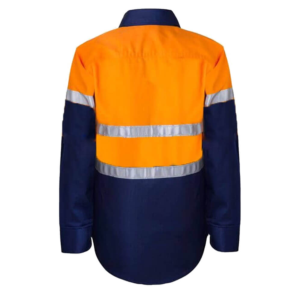 WorkCraft WSK125 Kids Hi-Vis Taped Cotton Drill Shirt Orange/Navy Back