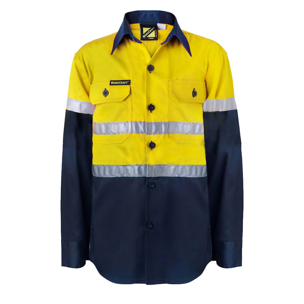 WorkCraft WSK125 Kids Hi-Vis Taped Cotton Drill Shirt Yellow/Navy Front