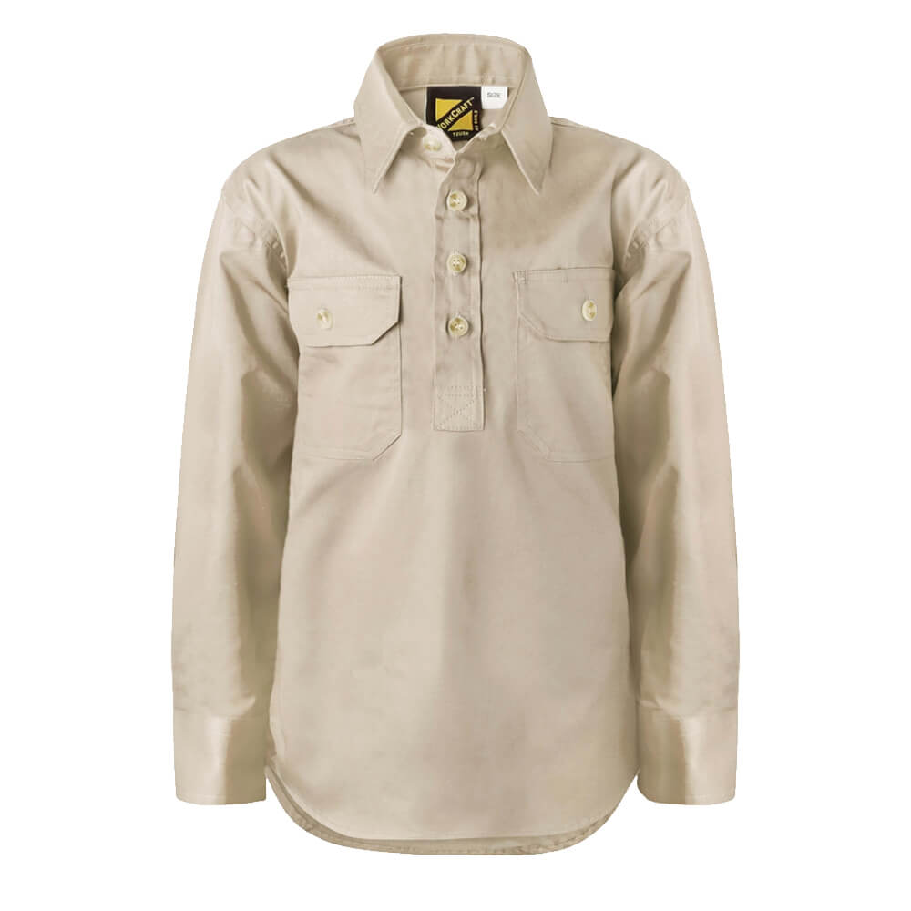 WorkCraft WSK131 Kids Half Placket Shirt Long Sleeve Cream Front