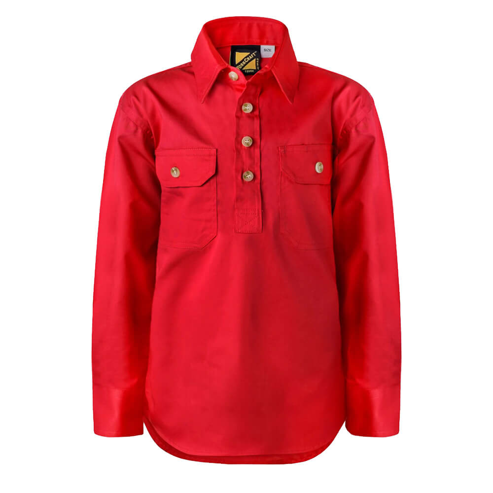 WorkCraft WSK131 Kids Half Placket Shirt Long Sleeve Crimson Front