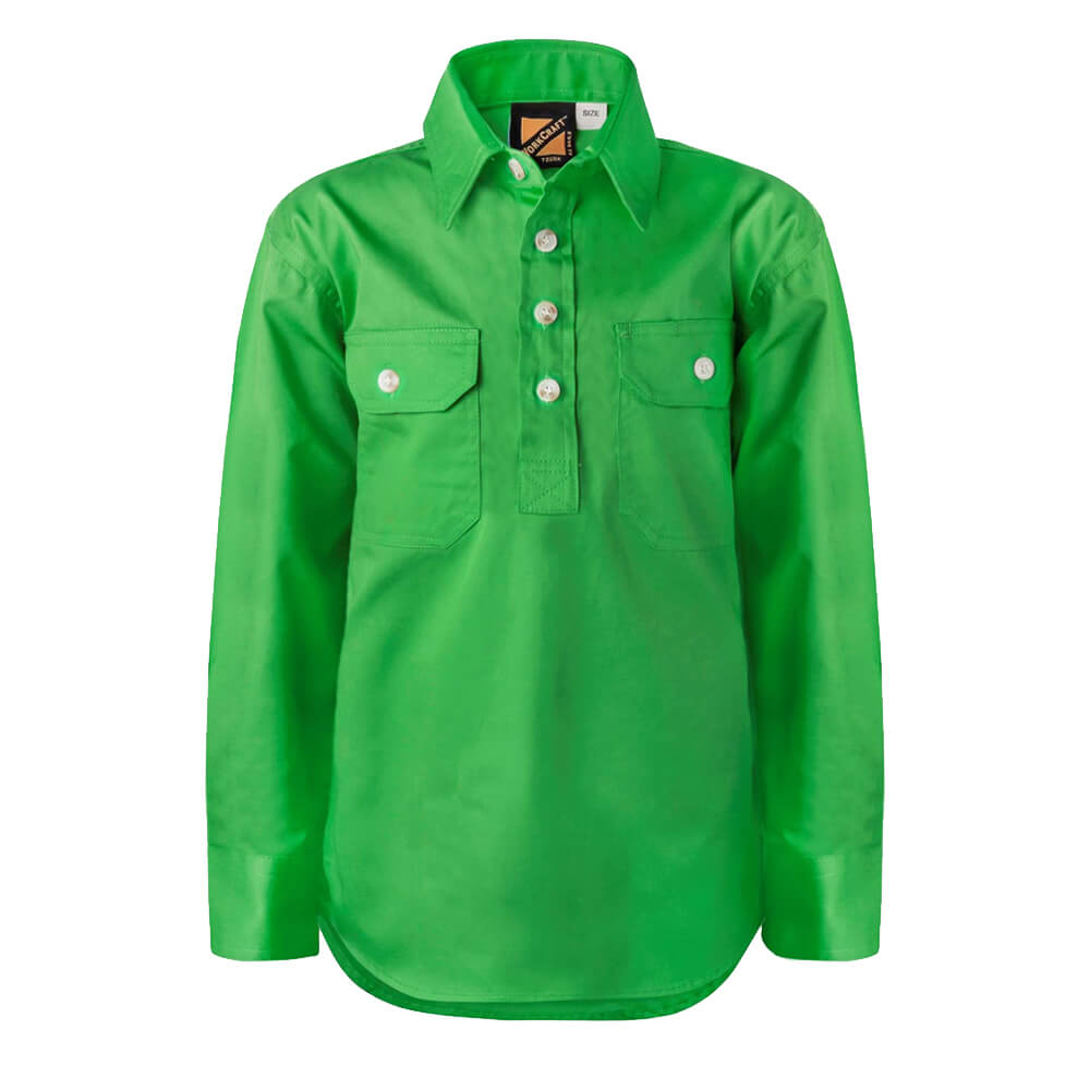 WorkCraft WSK131 Kids Half Placket Shirt Long Sleeve Green Front