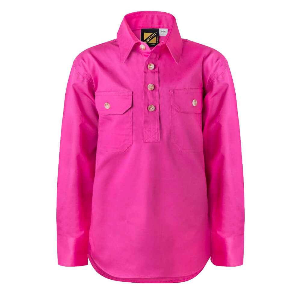 WorkCraft WSK131 Kids Half Placket Shirt Long Sleeve Pink Front