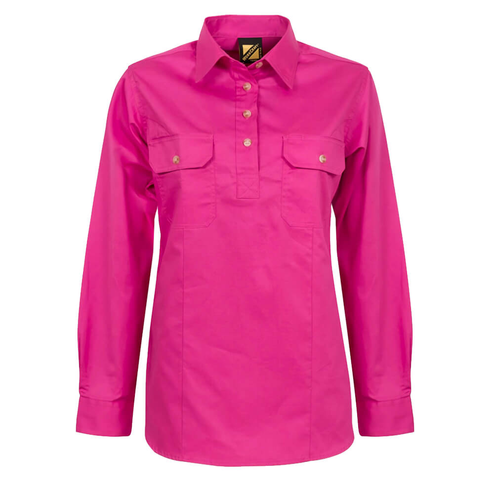 WorkCraft WSL505 Ladies Half Placket Shirt Pink Front